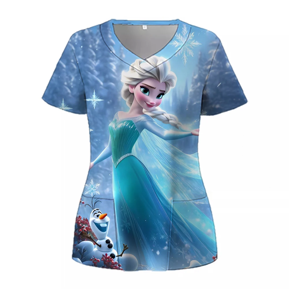 Nurse Uniforms Disney Alice Princess Print V-neck Scrubs Working Medical Blouse Overalls Nursing Spa Pet Dentis