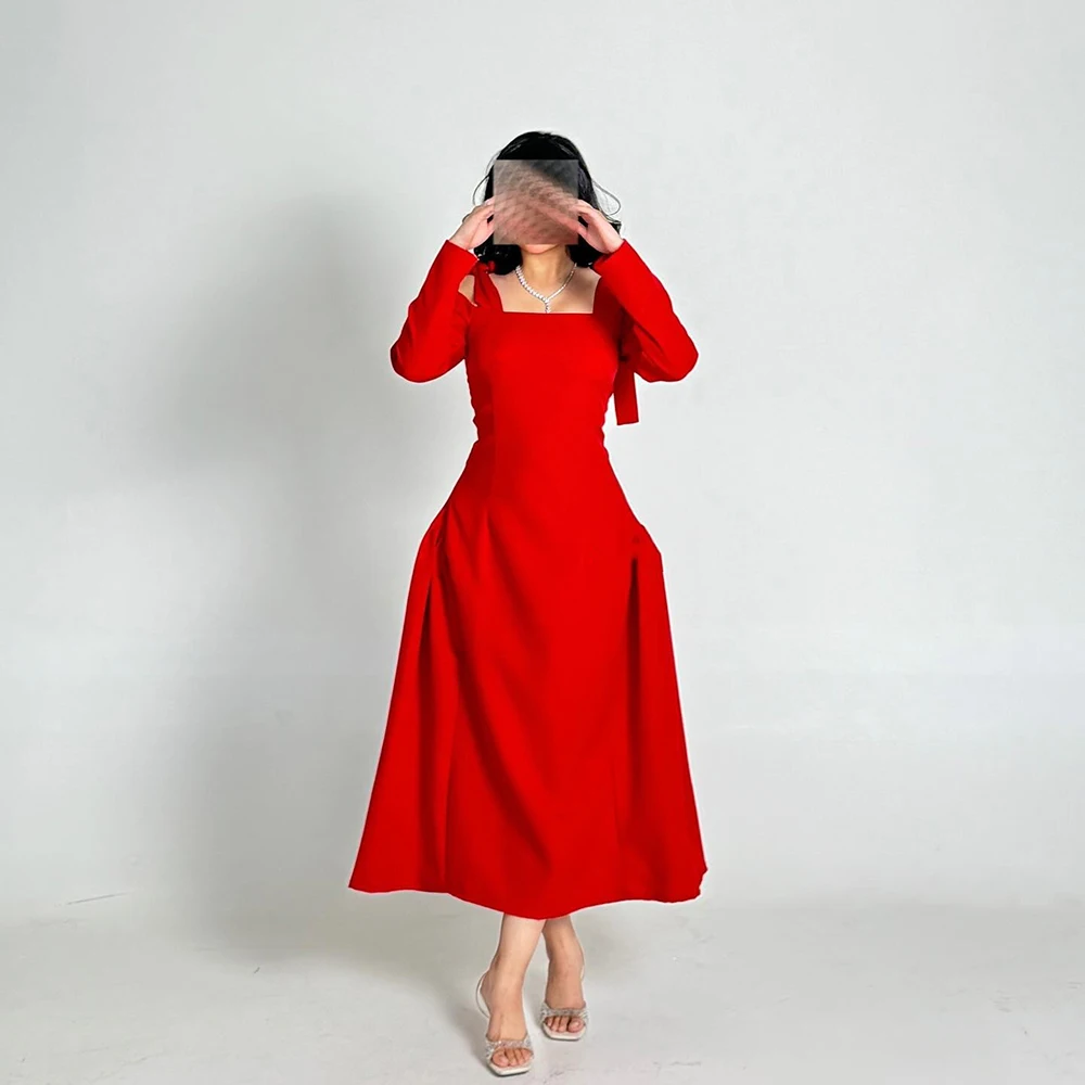 

Простое красное вечернее платье из джерси с квадратным воротником по индивидуальному заказу, вечернее платье трапециевидной формы с длинными рукавами и бантом, платье для выпускного вечера с открытой спиной