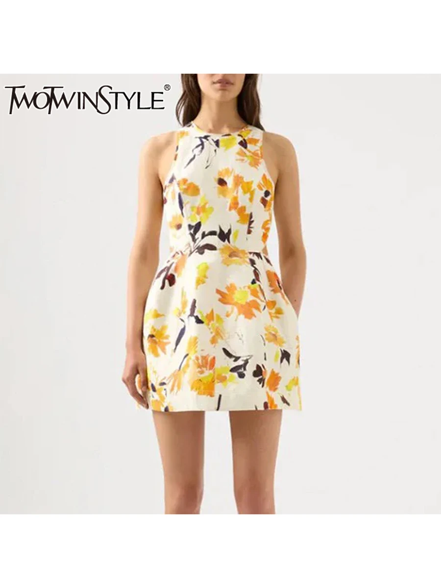 

TWOTWINSTYLE Print Floral Mini Dress For Women Round Neck Sleeveless High Waist Elegant Dresses Female Fashion New Clothing 2024