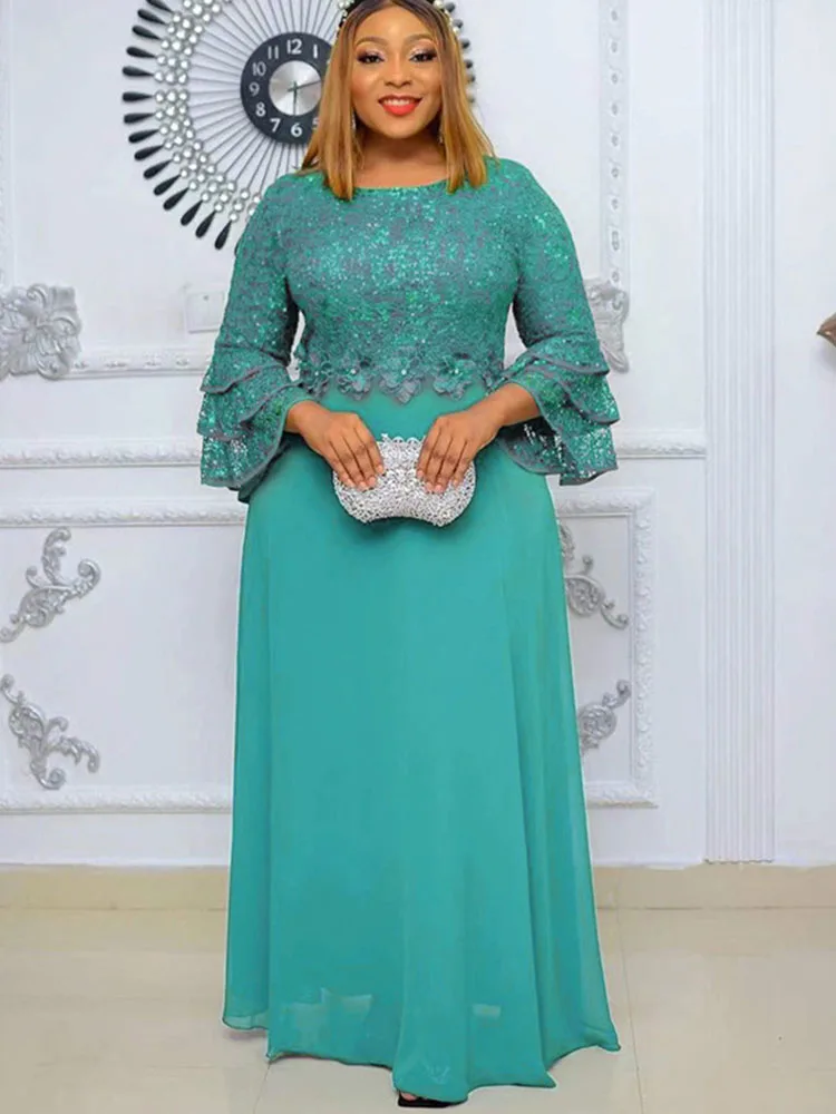 Doyerl-maxivestido de gasa con lentejuelas brillantes para mujer, vestido elegante de celebridad con manga acampanada y cuello redondo, cintura alta, vestidos de fiesta para graduación y Club