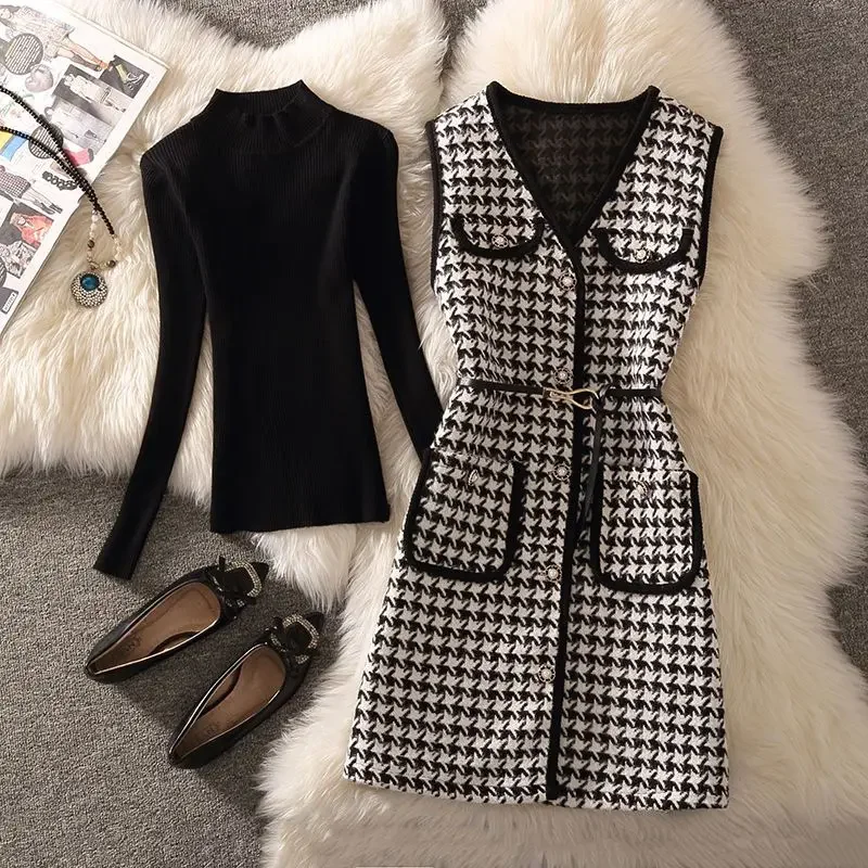 Women Autumn Winter Vintage Tweed Suit Pullover Knitted Sweater Top and Houndstooth Vest Jacket Two Piece Set Outfit Clothing