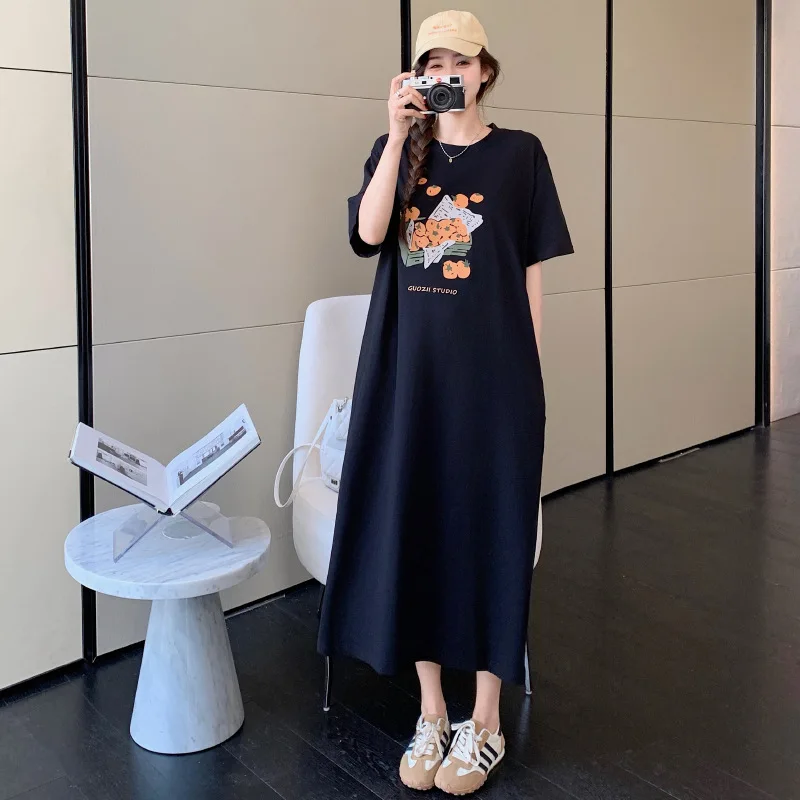 Abito t-shirt a maniche corte stile coreano casual allentato Abito lungo estivo da donna Abito longuette alla caviglia con scollo tondo e spacco allentato