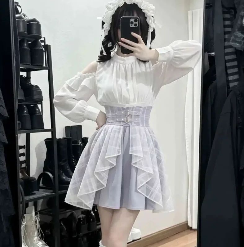 Japanese Subculture Women Spring Summer Long Sleeve Off-the-shoulder Crew Neck Shirt High Waist A-line Age-reducing Sweet Skirt