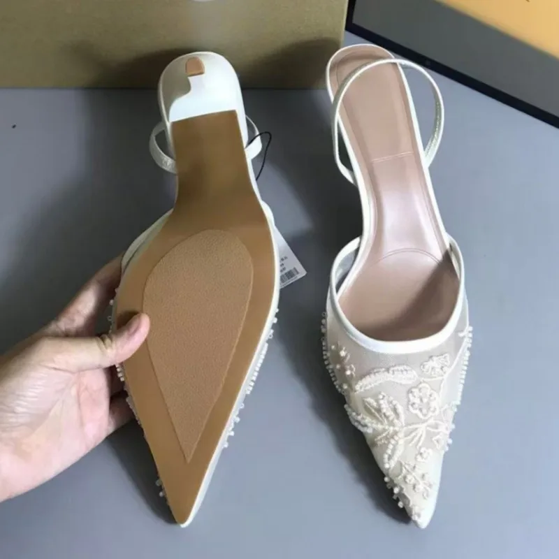 High Heels Women Sandals Vintage Embroidered Mesh White Pointed Toe Stiletto 2025 Summer Elegant Wedding Bridal Female Shoes