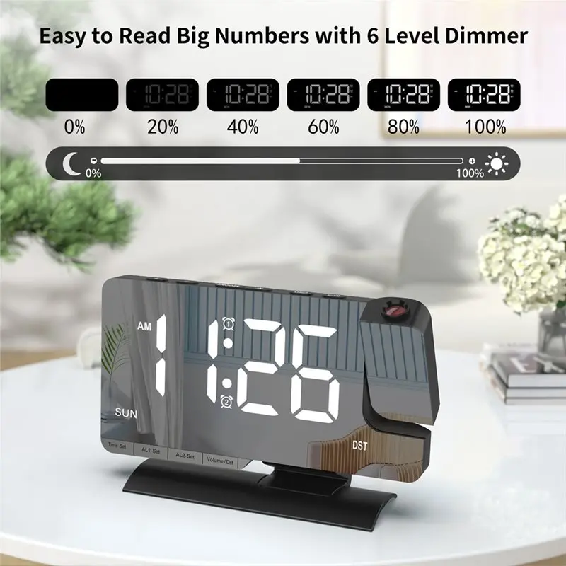 A68P-Projection Digital Clock,Alarm Clock Bedside,7.3'' LED Mirror With Date Display,Dual Alarm,DST,Snooze Function