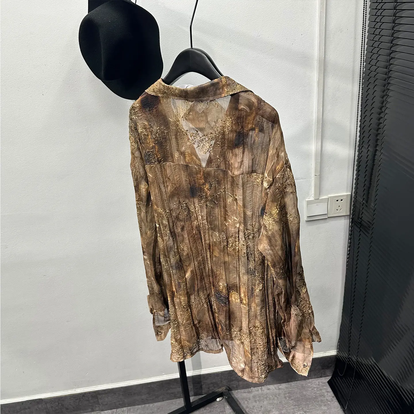 Fashionable Retro Antique Pleated Shirt Men's Long-Sleeved Printed Loose High-End Sense Avant-Garde Design Blouse