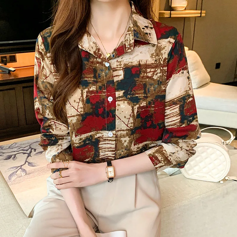 

Autumn 2025 New Fashion Vintage Turn-down Collar Shirt Women Clothing Long Sleeve Casual Button Blouse Lady Chic Y2k Print Tops