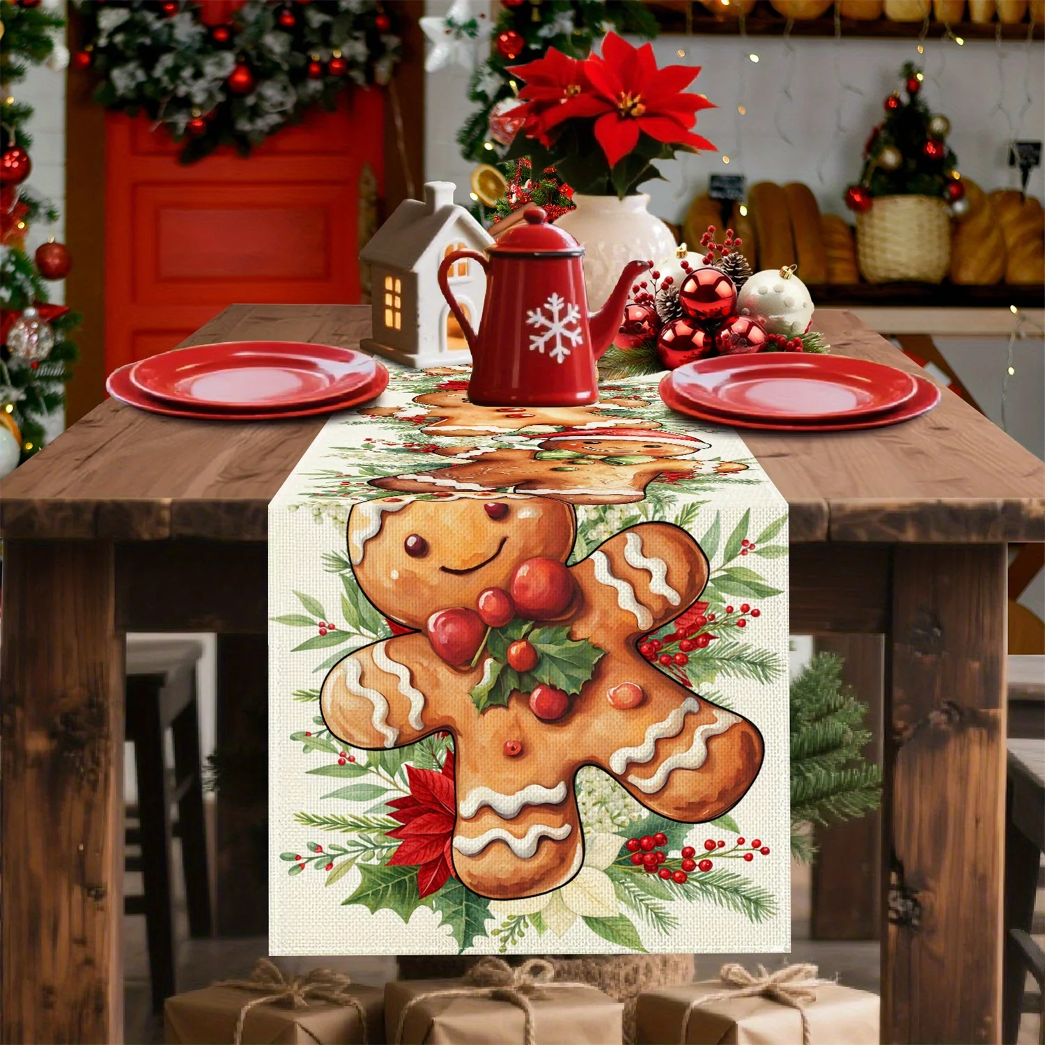 Christmas Holly Pine Branch Gingerbread Man Linen Table Runners Dresser Scarf Decor Washable Table Runners Christmas Decorations