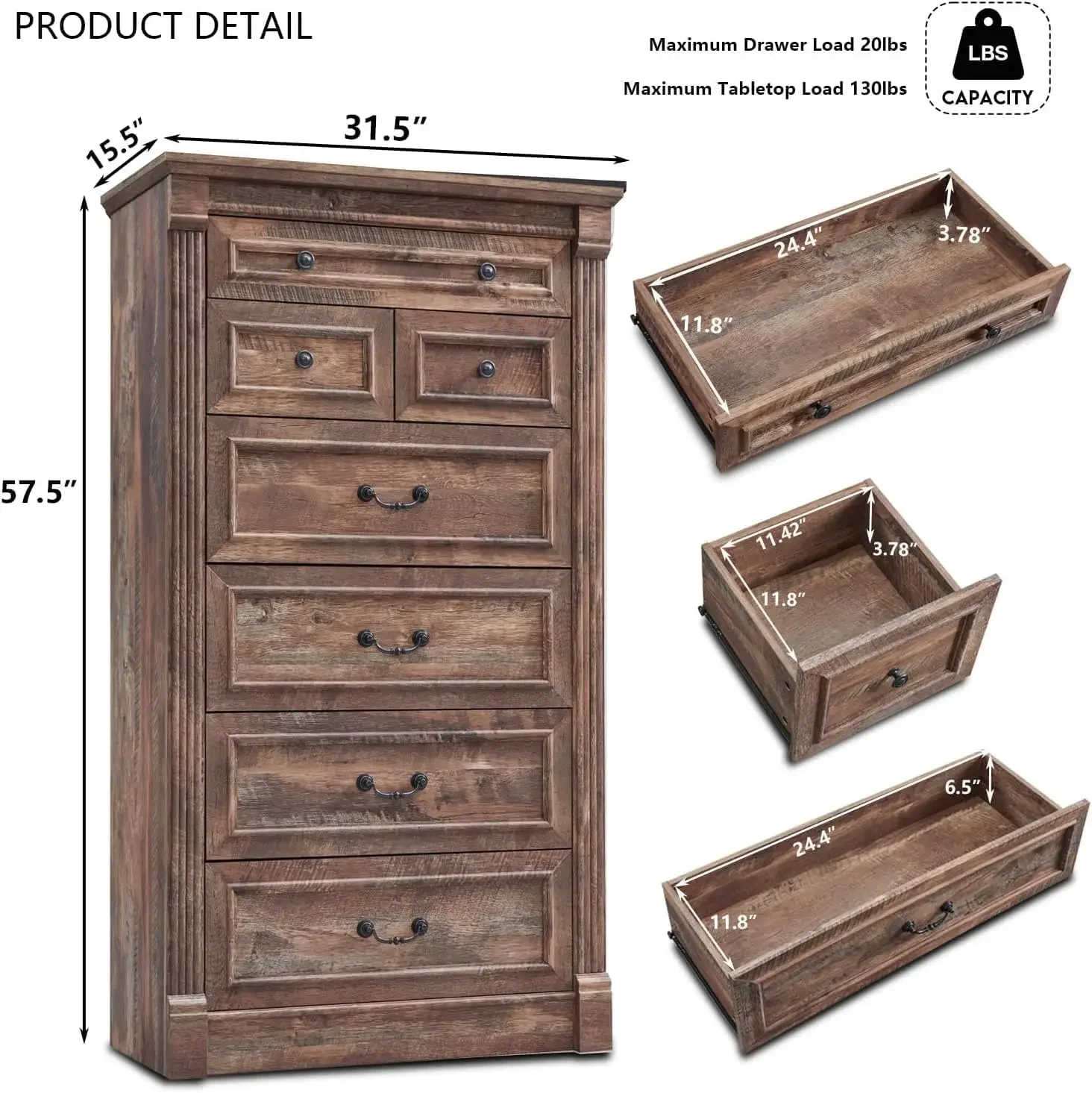 Tall Large Dressers & Chests of Drawers w/Roman Column, Storage Dressers Organizer for Bedroom, Hallway, Living Room