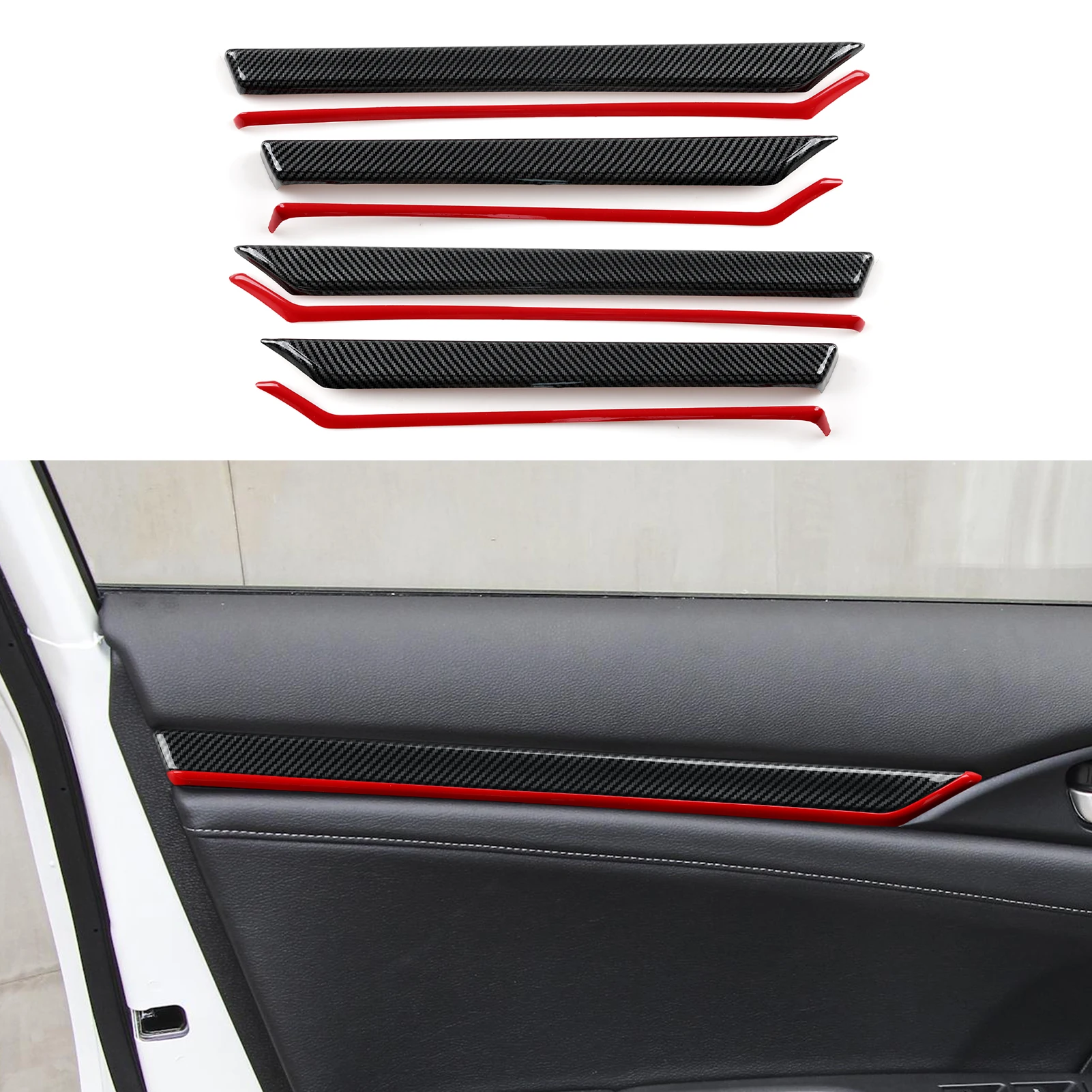 For Honda Civic 10th Gen (2016 -2021) Interior Accessories, Car Door Decorative Strips Panel, Carbon Fiber ABS Sticker Red line