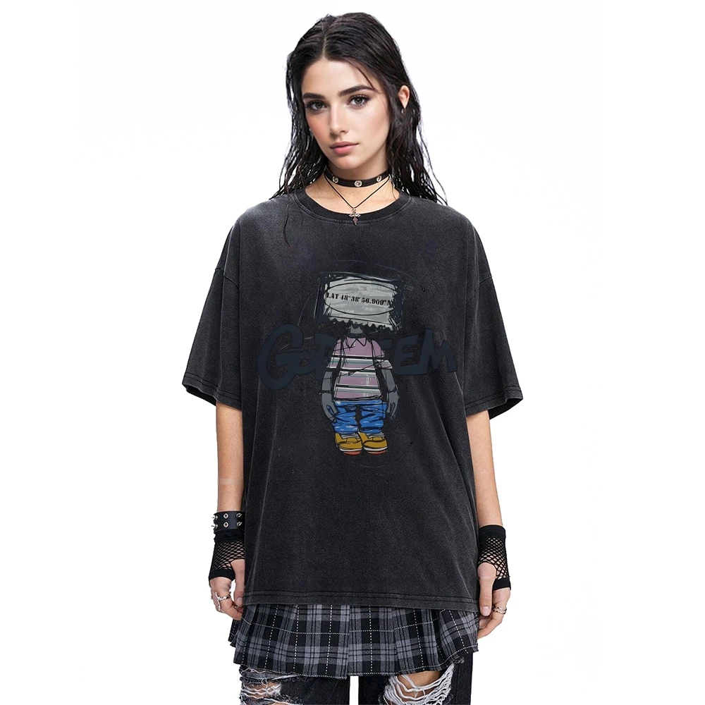 

Cartoon Character Graphic Tee Vintage Washed Oversized Tshirt Men's Streetwear Y2K Aesthetic Grunge HipHop Casual Short Sleeve