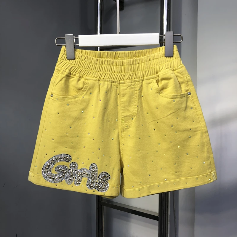 Diamond Letters Hot Drilling Female Denim Shorts Summer Thin Short Jeans 2022 New Stretch High Waist A-line Wide Leg Hot Shorts