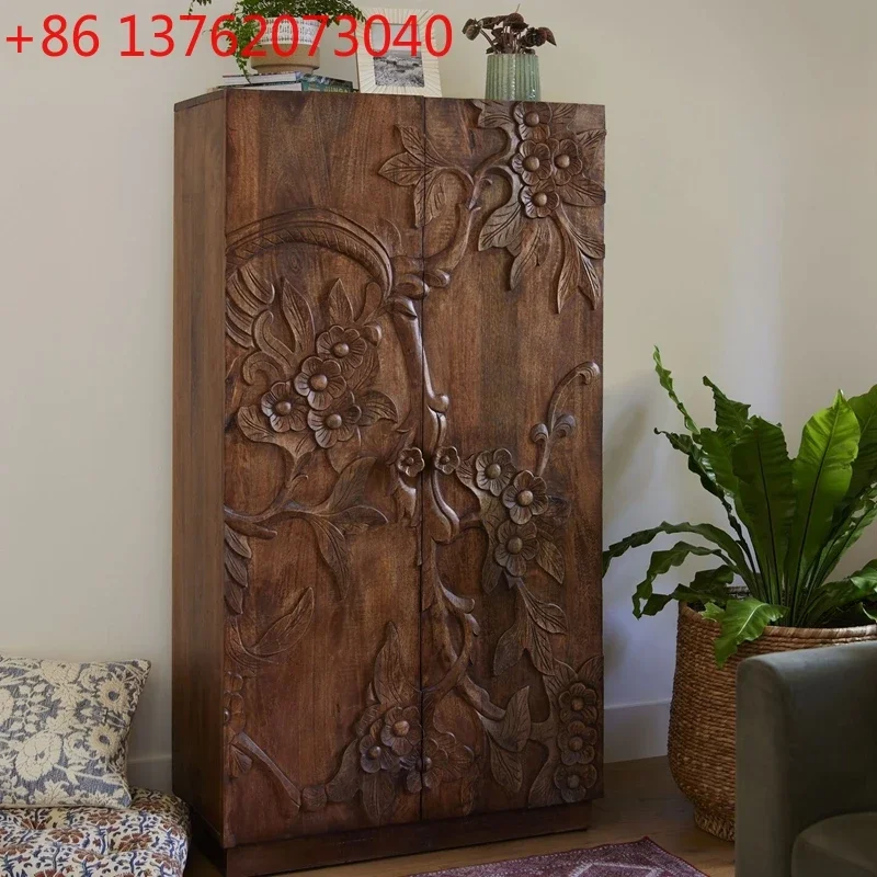 

American medieval carved two-door storage locker bedroom walnut light luxury wardrobe