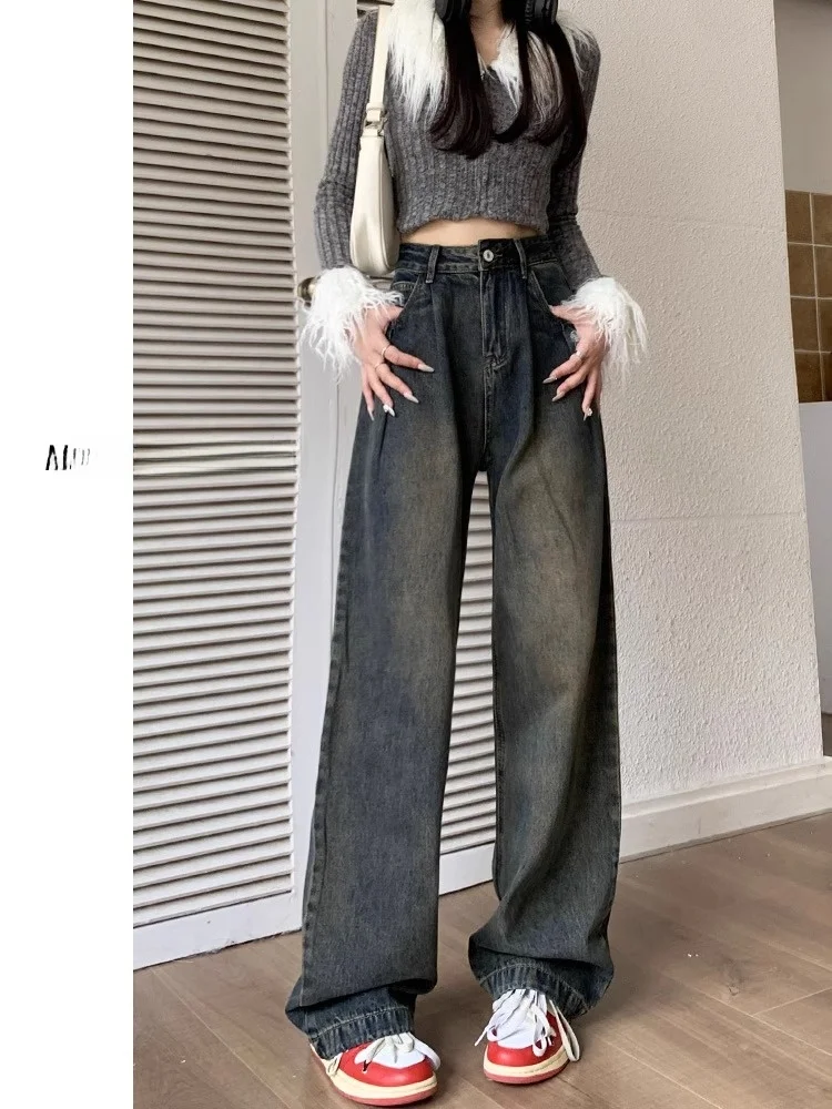 

Retro High Waist Wide Leg Denim Jeans Women's Spring Fashion Loose Straight American Style Trousers for Early Spring And Late...