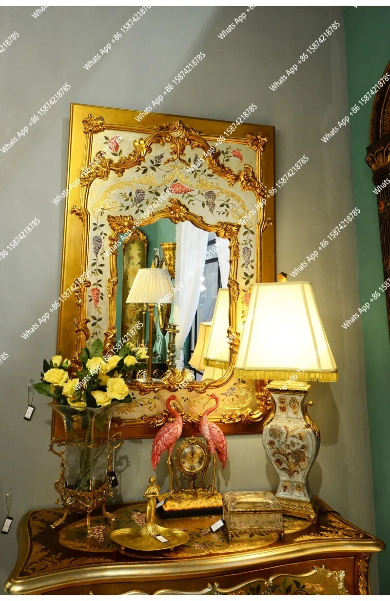 

American country luxury new Chinese gold entrance villa gold leaf vintage hand-painted rectangular decorative mirror