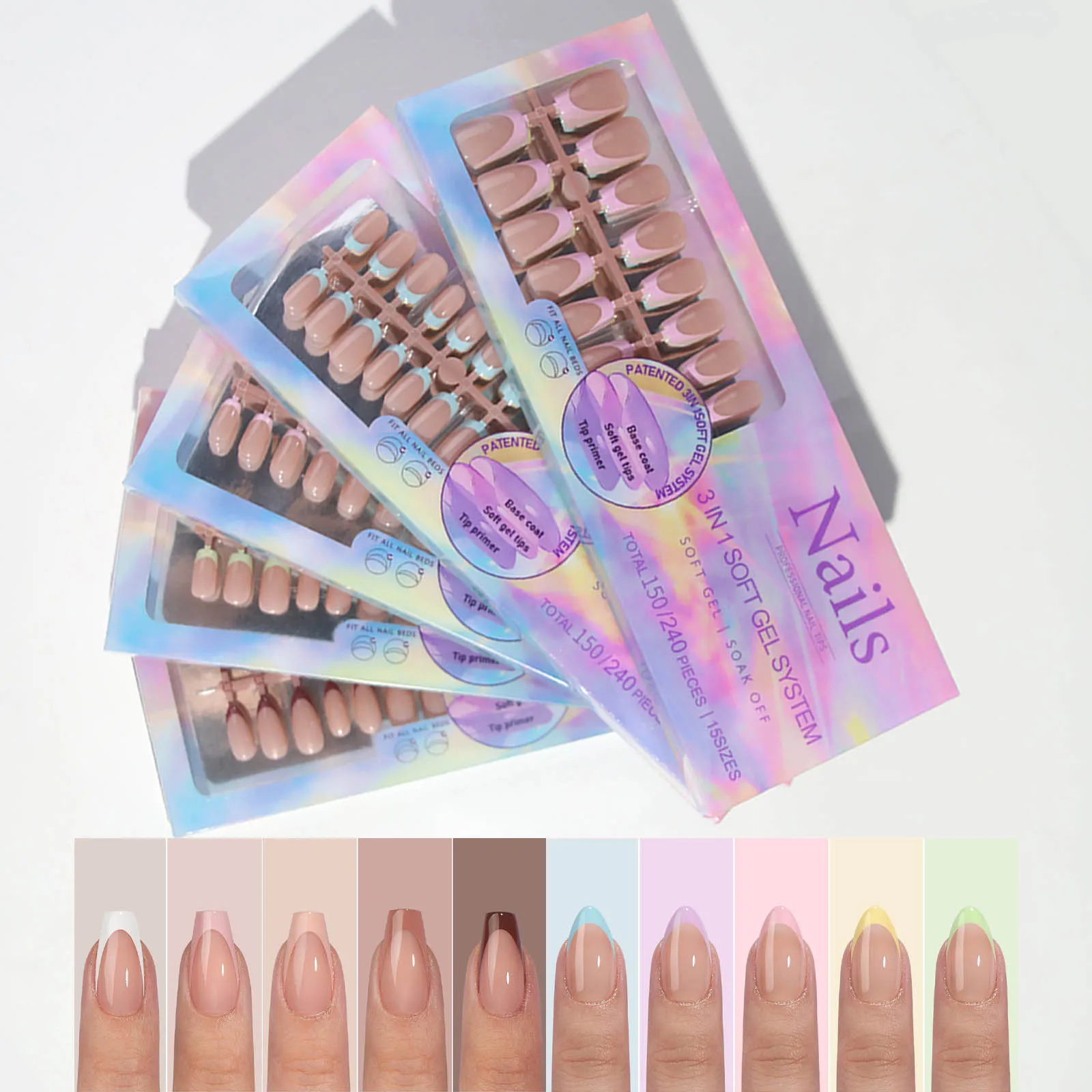 

150pcs 6 Colors Fake Nail Multi-size False Nail Press On Acrylic Nails Almond French Wearing Armor Removable Convenient