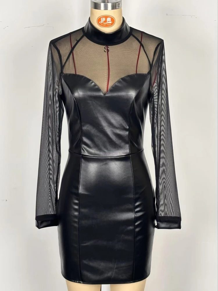 Kleider für Damen, elegant, langärmelig, sexy, durchsichtig, Netz-Patch, PU-Leder, figurbetont, dünn, schlank, Mini-Party-Abendkleid, Ausgehen