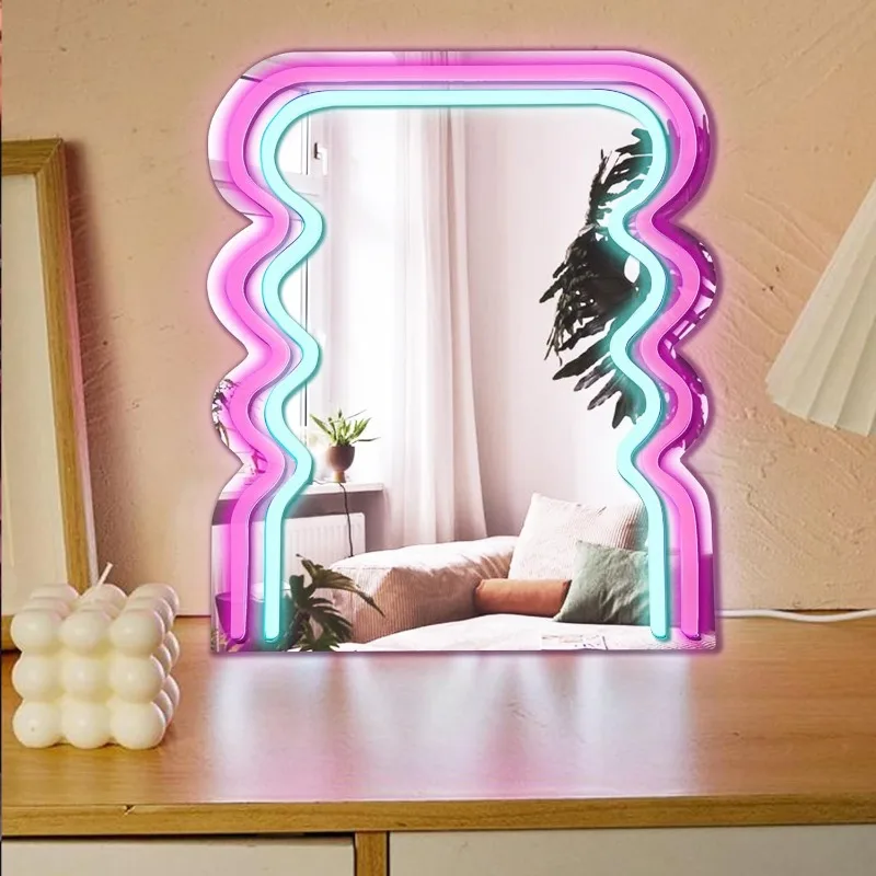 Archway Wave Neon Sign Mirror for Wall Decor 3D Art Neon Light LED Lights Wall Mirrors,Makeup Mirror with Lights for Women Gift