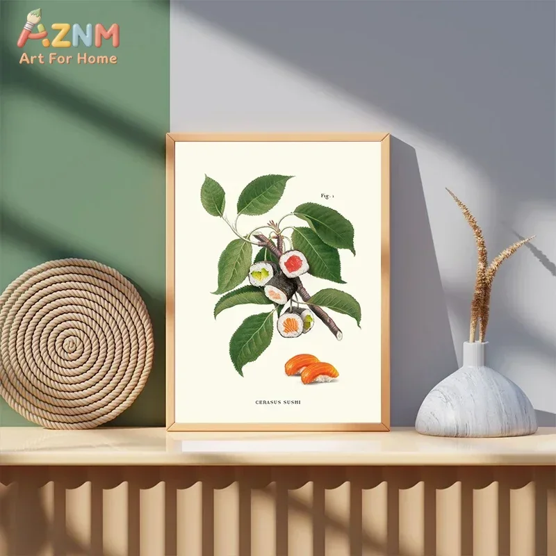 AZNM Funny Vintage Food Botanical Canvas Wall Art, Macaron Donut Pizza Burger Surreal Fruit Print Kitchen Dining Room Home Wall view 4