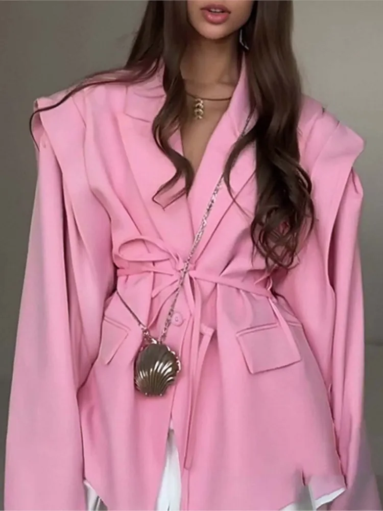 Spring And Autumn Temperament Commuting Versatile Top New Women's Fashion High-end Waist Tie Lapel Shoulder Pad Suit Jacket
