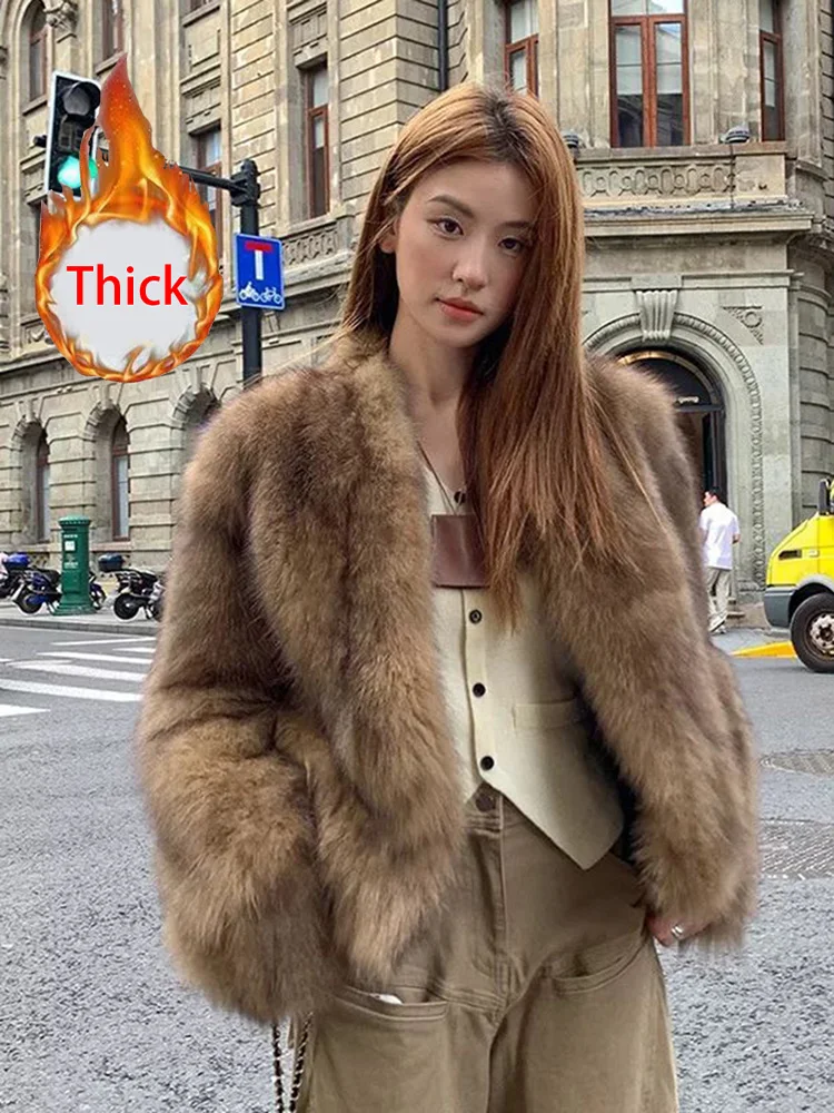 

Winter Streetwear Faux Fur Coat Women Vintage Slim Thick Warm Jacket Casual American Retro Long Sleeve V Neck Faux Fox Tops New