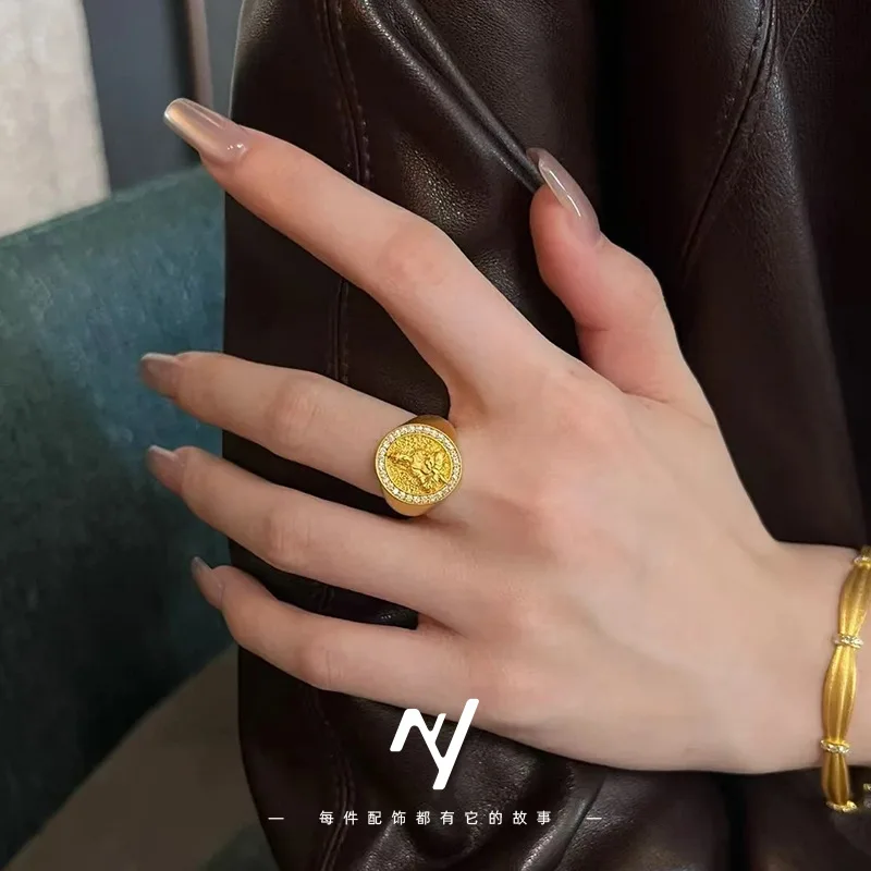 Sand gold ancient method golden god of wealth gilt ring point drill live mouth ring god of wealth ring 9999gold