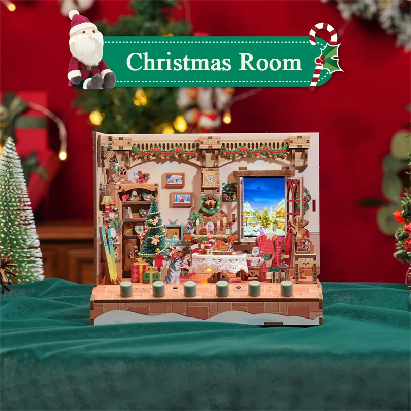 DIY 3D Houten Puzzel Kersthuisje Miniatuur Model Kits met Muziek Geluid Kerstman Casa Legpuzzels voor Vrienden Geschenken