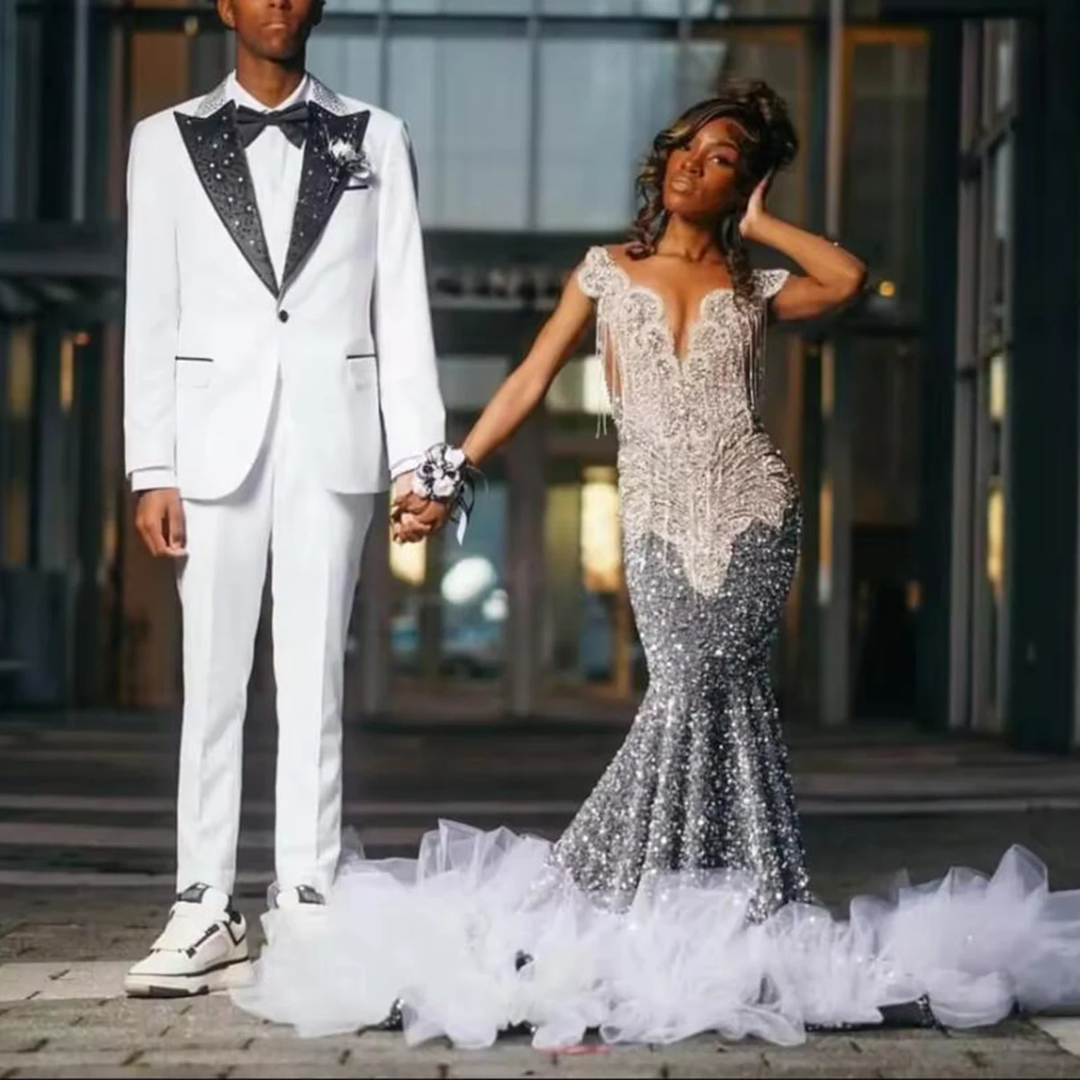 

Sparkly Sequins Mermaid Prom Dresses For Black Girls Rhinestone Beaded Women Evening Party Gowns Customized Vetidos De Novias