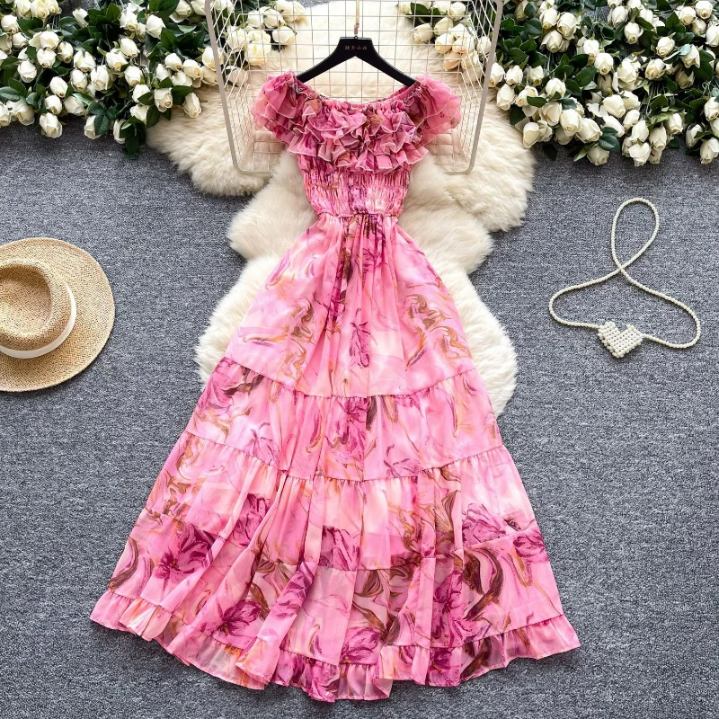 

Sleeveless Women Dress Print Slash Neck Ruffles Evening Dresses Spliced Vestidos Elastic Waist A Line Elegant 2025 Summer