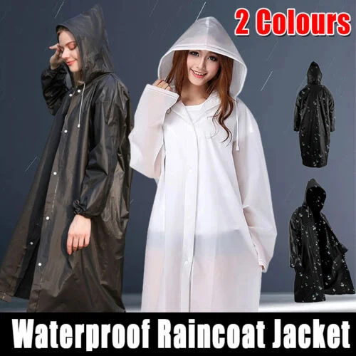 EVA Raincoat Unisex Reusable Waterproof Jacket Adult Lightweight Coat with Drawstrings Hooded Poncho for Men Women