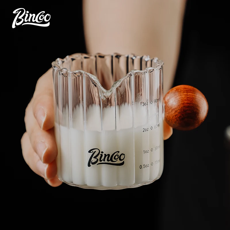 BINCOO Small Glass Milk Cup with Wooden Handle Mini Milk Jug with Graduation Espresso Extraction Measuring Cup 90ML