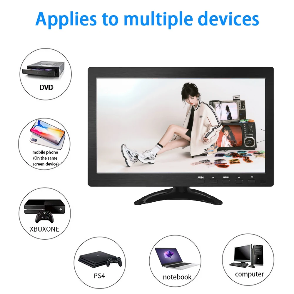 10.1-inch monitor with a resolution of 1366x768, compatible with TV boxes, computer hosts, and laptops, with remote control