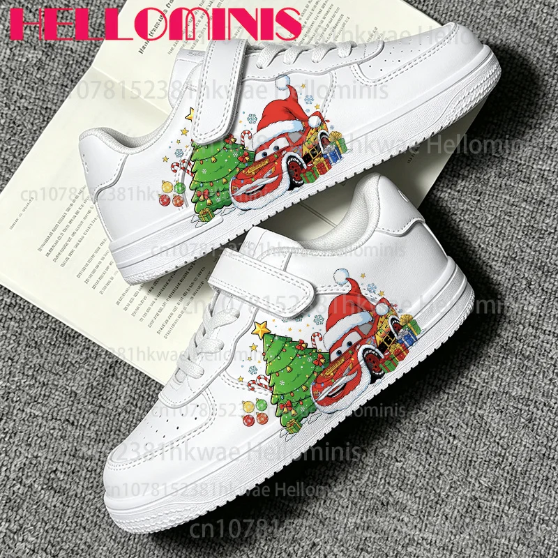 Kids Christmas White Velcro Sneakers Boys Cars Cartoon Lace Up Comfortable Lightweight Non-slip Casual Sports Shoes Gift