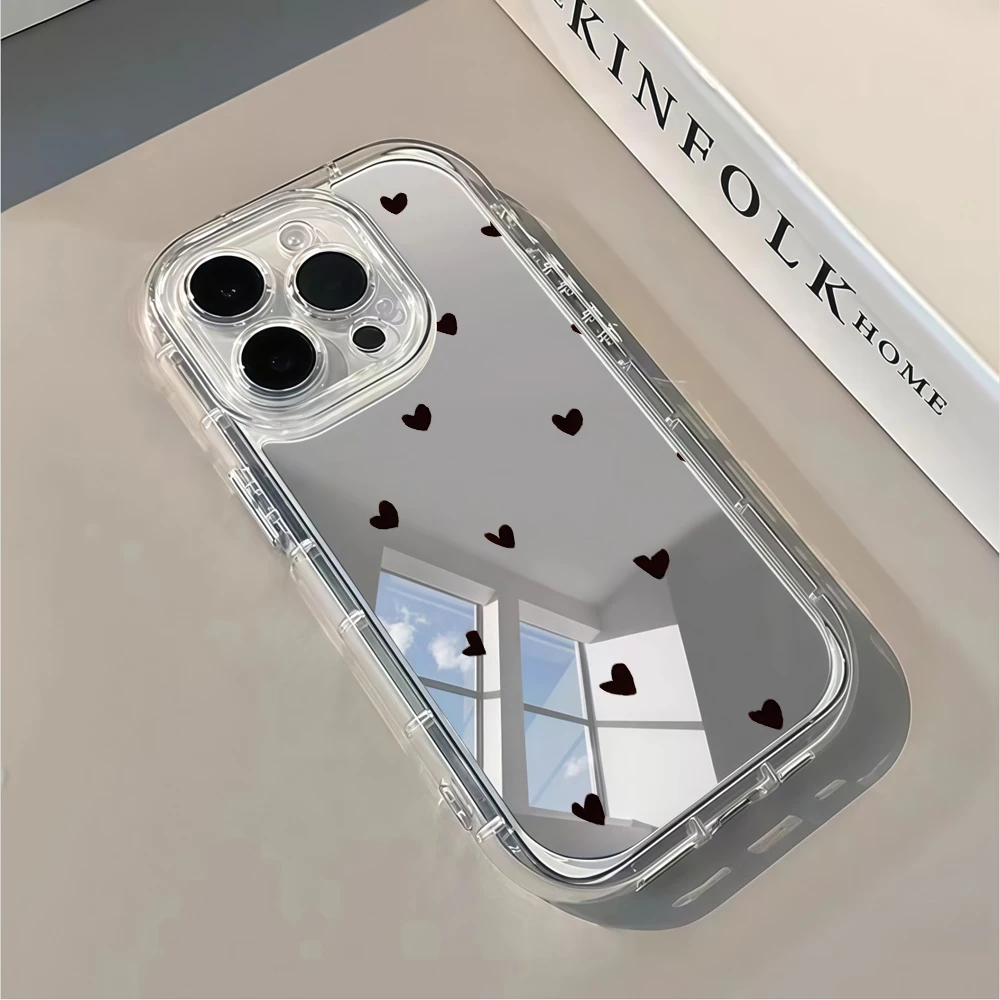 Coque de téléphone miroir cœur noir doux et frais pour iPhone 16 15 Pro Max 17 14 13 12 11 XS X XR 7 8 Plus avec miroir de maquillage en TPU