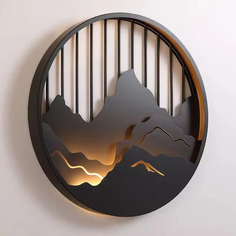 

New Chinese-style Zen villa courtyard landscape lamp outdoor creative landscape painting hollow door round wall lamp