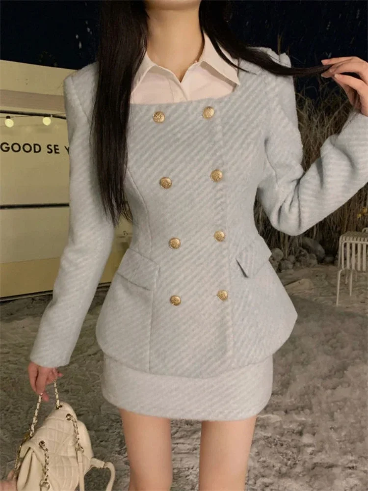 Autumn Winter Sweet Hot Girl Suit for Women\'s Square Collar Woolen Jacket High Waisted Mini Skirt Two-piece Set Female Clothes