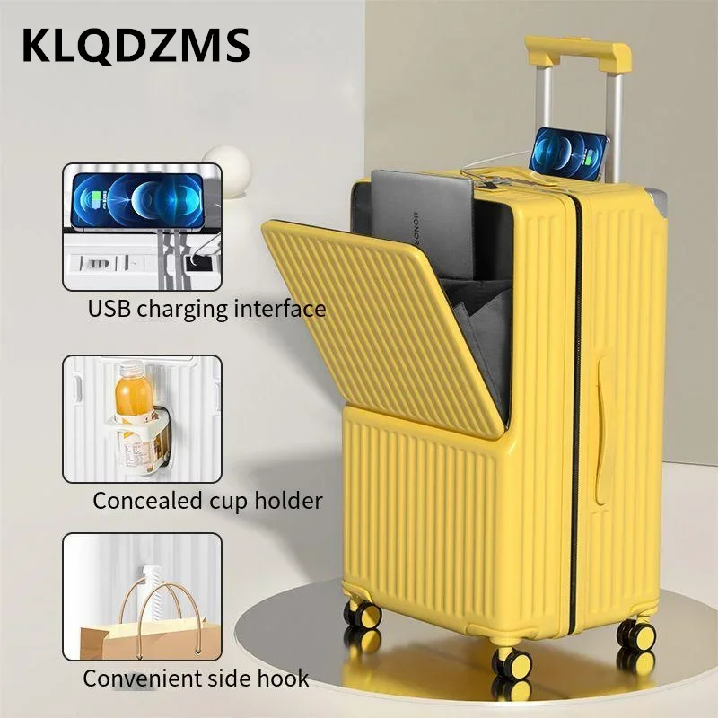 KLQDZMS Luggage on wheels ABS+PC front opening laptop trolley case 24"26"28"30 inch cart travel bag USB charging suitcase