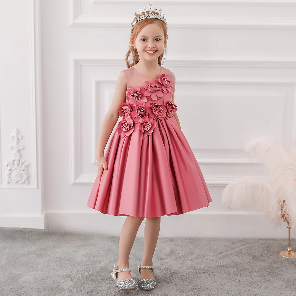 Robe d'été en satin rose pour filles de 2 à 12 ans, tenue de soirée, de Rh, d'anniversaire, de couleur verte