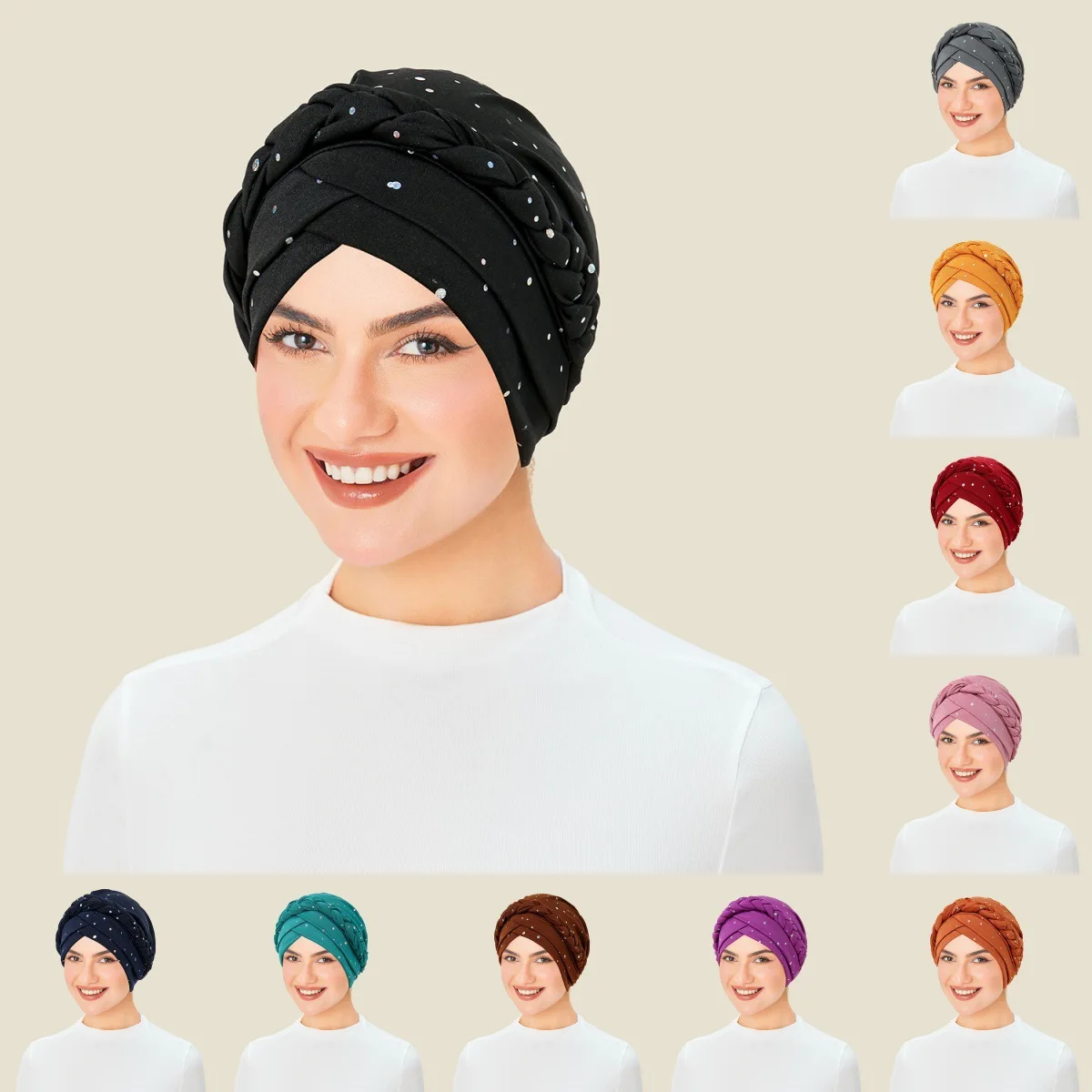 Women GlitterTurban Twisted Beaded Braid Chemical Cancer Headscarf Cap Hair Covered Wrap Hat