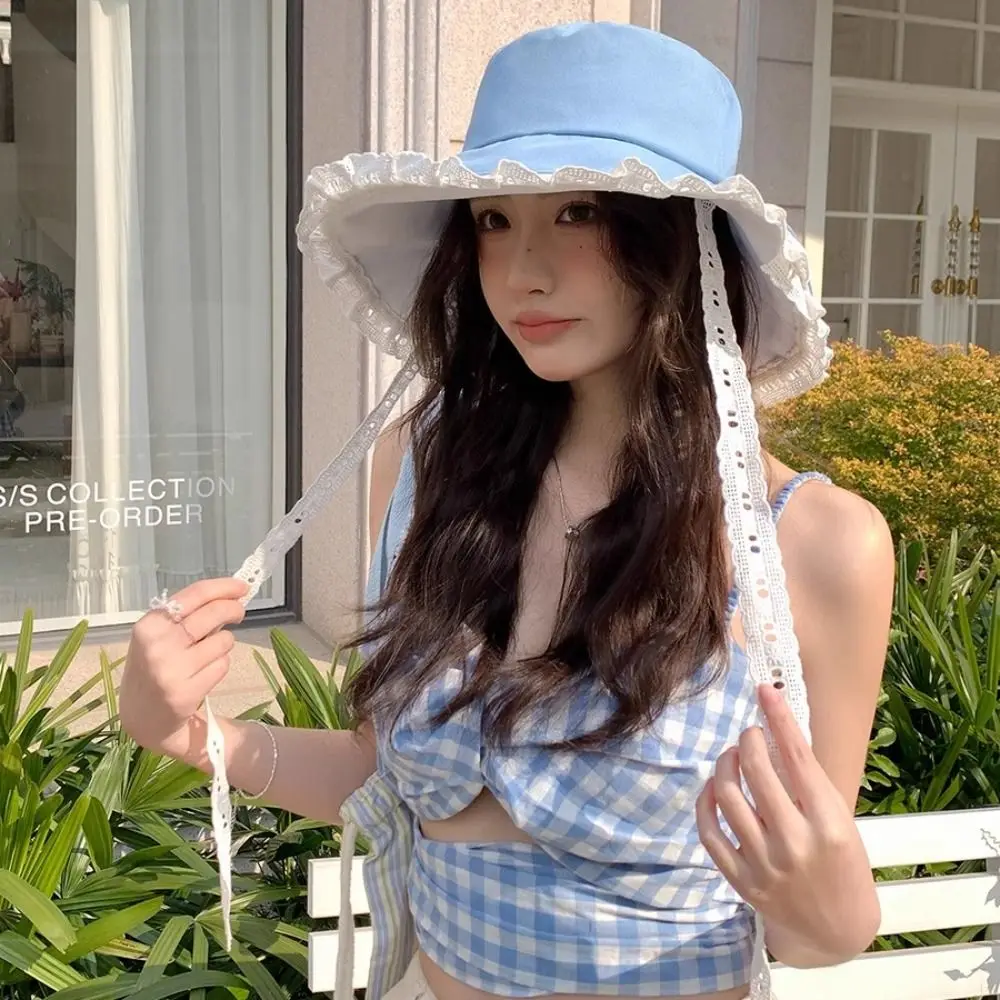 

Elegant Sweet Cowboy Fisherman Hat Big Brim French Style Lace Ribbon Hat Beach Foldable Women's Sun Hat Outdoor