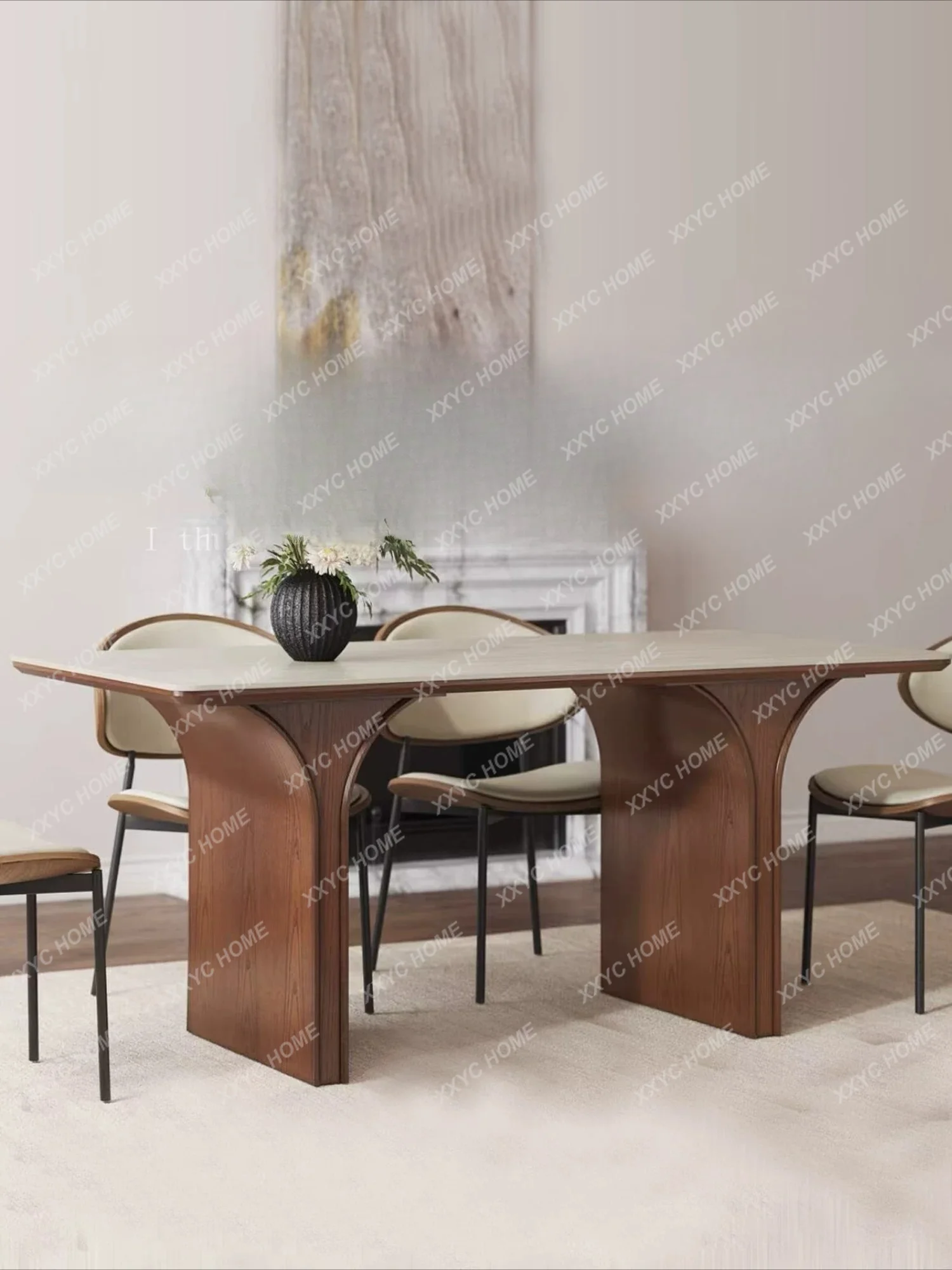 Retro rectangular solid wood rock slab dining table Small apartment simple modern medieval dining table