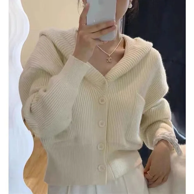 女性用ニットカーディガン,ボタンコート,フード付き襟,ランタンスリーブ,ポケットセーター,オフィスの女性,新しい春と秋,2023