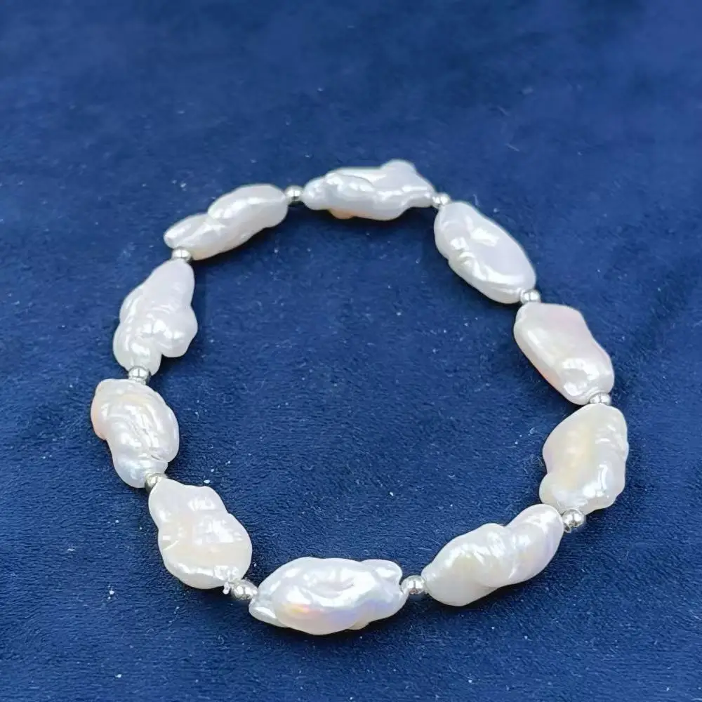 Big Punk White Natural Freshwater Baroque Biwa Pearl Women Jewelry Gift Elastic Bracelet 7-9inch
