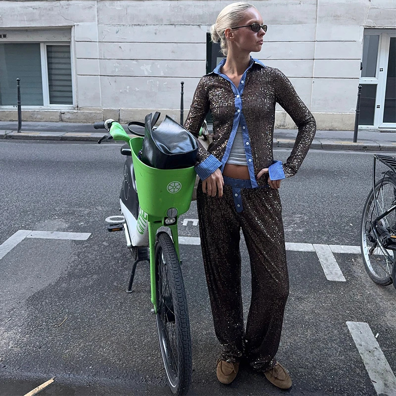 ساطع الترتر سراويل نسائية بريق المرقعة مستقيم الساق بنطلون عادية مرونة الخصر التخسيس بانت طويل 2025 سيدة جديدة بانت #2