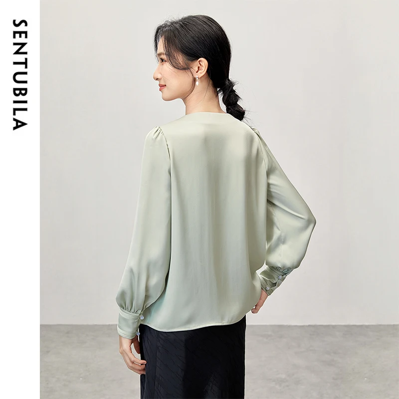 SENTUBILA Elegant Satin Blouse Women 2024 Autumn Chiffon Straight Hollow Out Tassel O Neck Chinese Style Women Tops 143V58117X