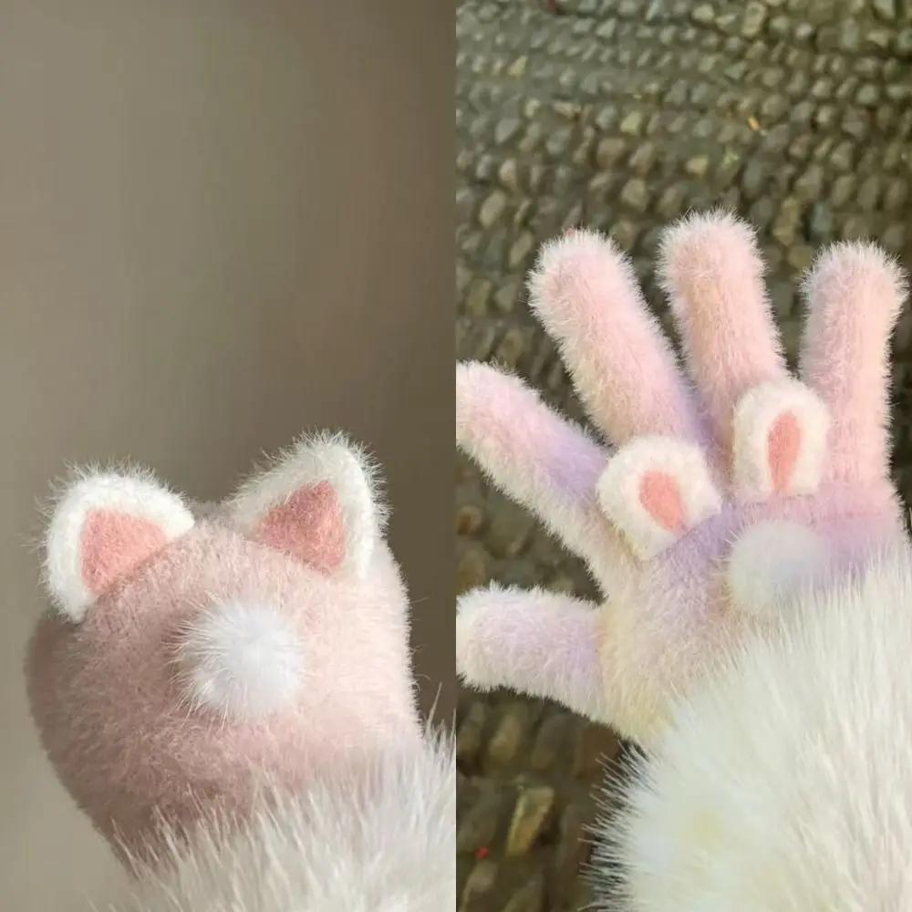 Niedliche Korallensamt-Handschuhe aus Korallensamt, Kaninchen-Katzenohren-Handschuhe, winddicht, Cartoon-Baumwoll-Fäustlinge für Damen