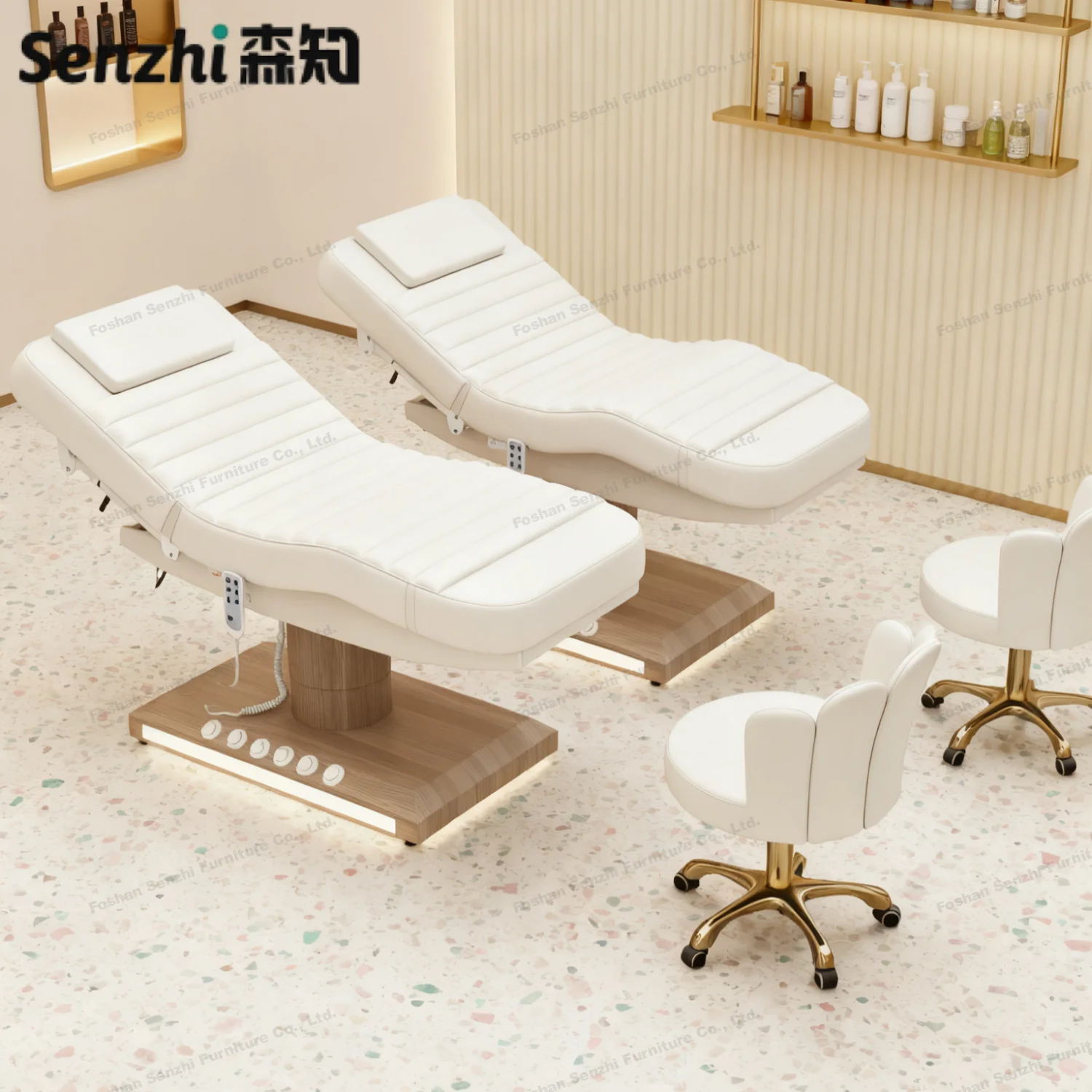 

Hot Sale Wood Grain Eyelash Bed Foot Control LED Base 3 Motor Massage Beauty Bed Without Armrest Facial Bed