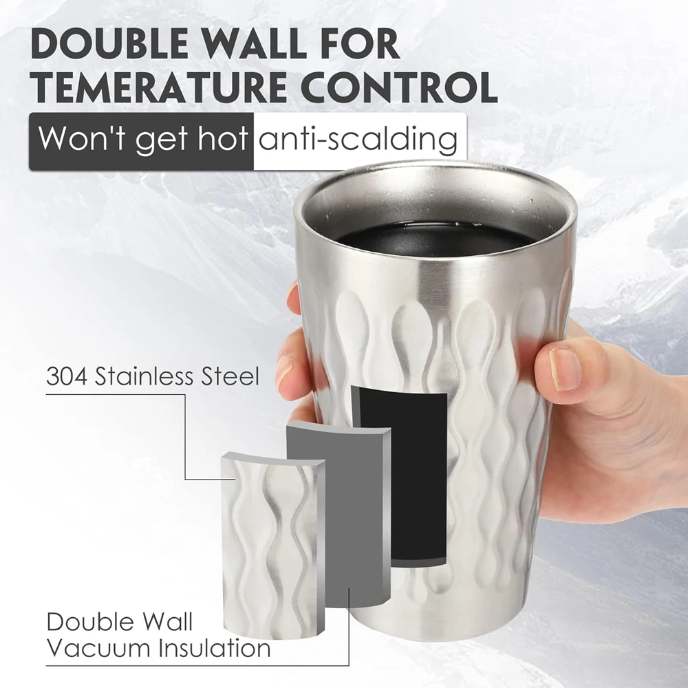 2 Pack Stainless Steel Mug Double Wall Metal Stackable Insulated Portable Drinking Cup Shatterproof Glasses for Home Restaurant
