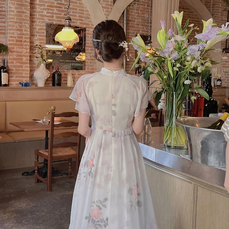 Ink Halo Dyeing New Chinese Style Dress With Improved Women's Temperament Qipao Short Sleeve Cheongsam Fashion Long Dresses