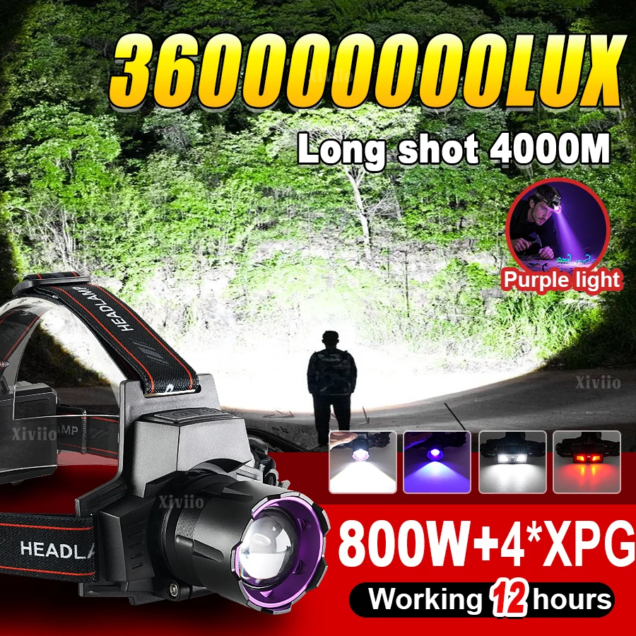 2025 800W+4*XPG High Power Head Lamp 2*18650 Rechargeable Lamp Head LED Front Flashlight Long Range LED Work Light For Fishing